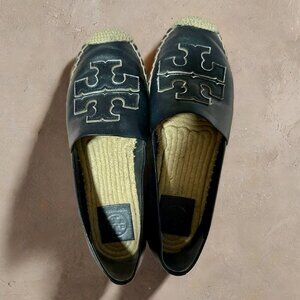 Tory Burch Ines Espadrille Leather Flat Black Silver Shoes, US 7